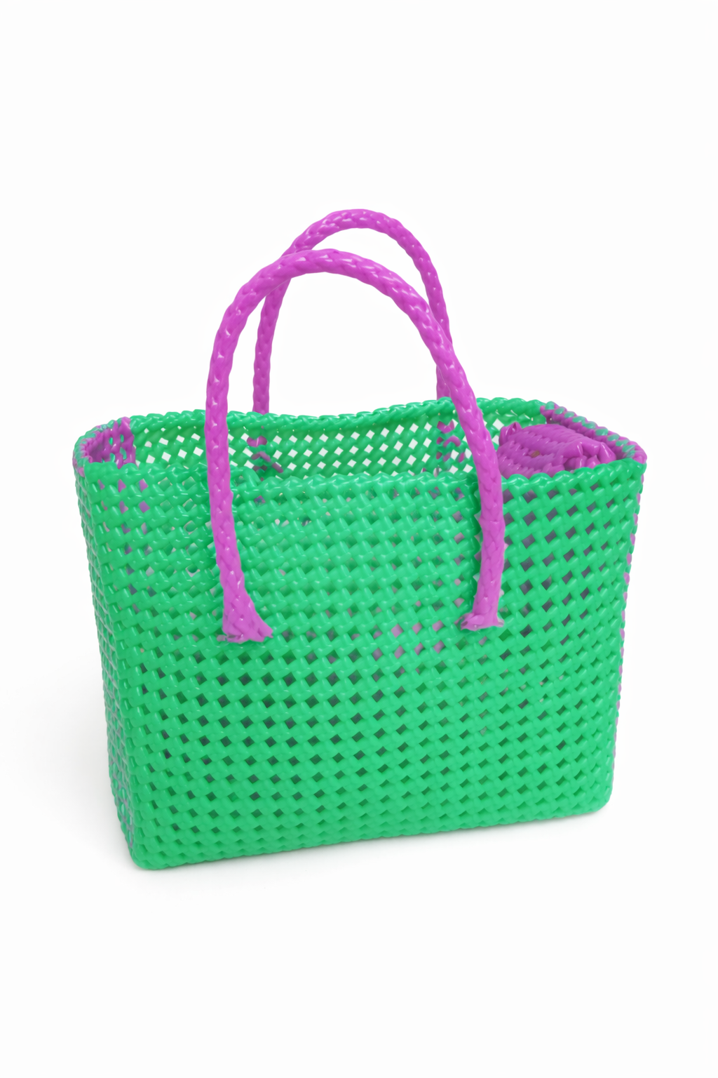 Deluxe Premium Handmade Wire Woven Bags | Traditional Plastic Wire Handbags | Reusable Shopping & Gift Bags | KMC Iyarkai Creation |Green pink pouch model 2