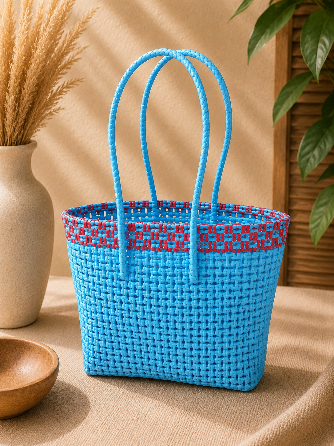 Deluxe Premium Handmade Wire Woven Bags | Traditional Plastic Wire Handbags | Reusable Shopping & Gift Bags | KMC Iyarkai Creation |Blue Pink Sivan