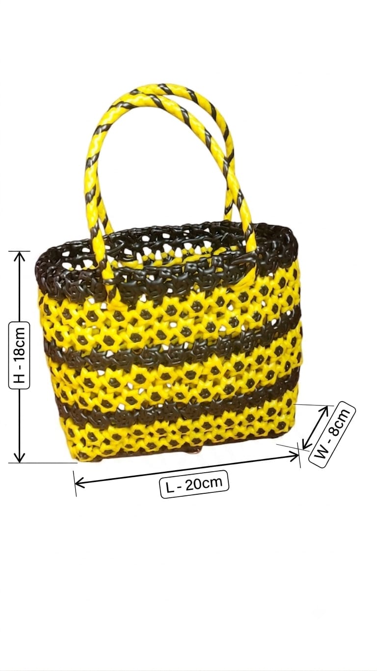 Deluxe Premium Handmade Wire Woven Bags | Traditional Plastic Wire Handbags | Reusable Shopping & Gift Bags | KMC Iyarkai Creation |Amla knot yellow black 3