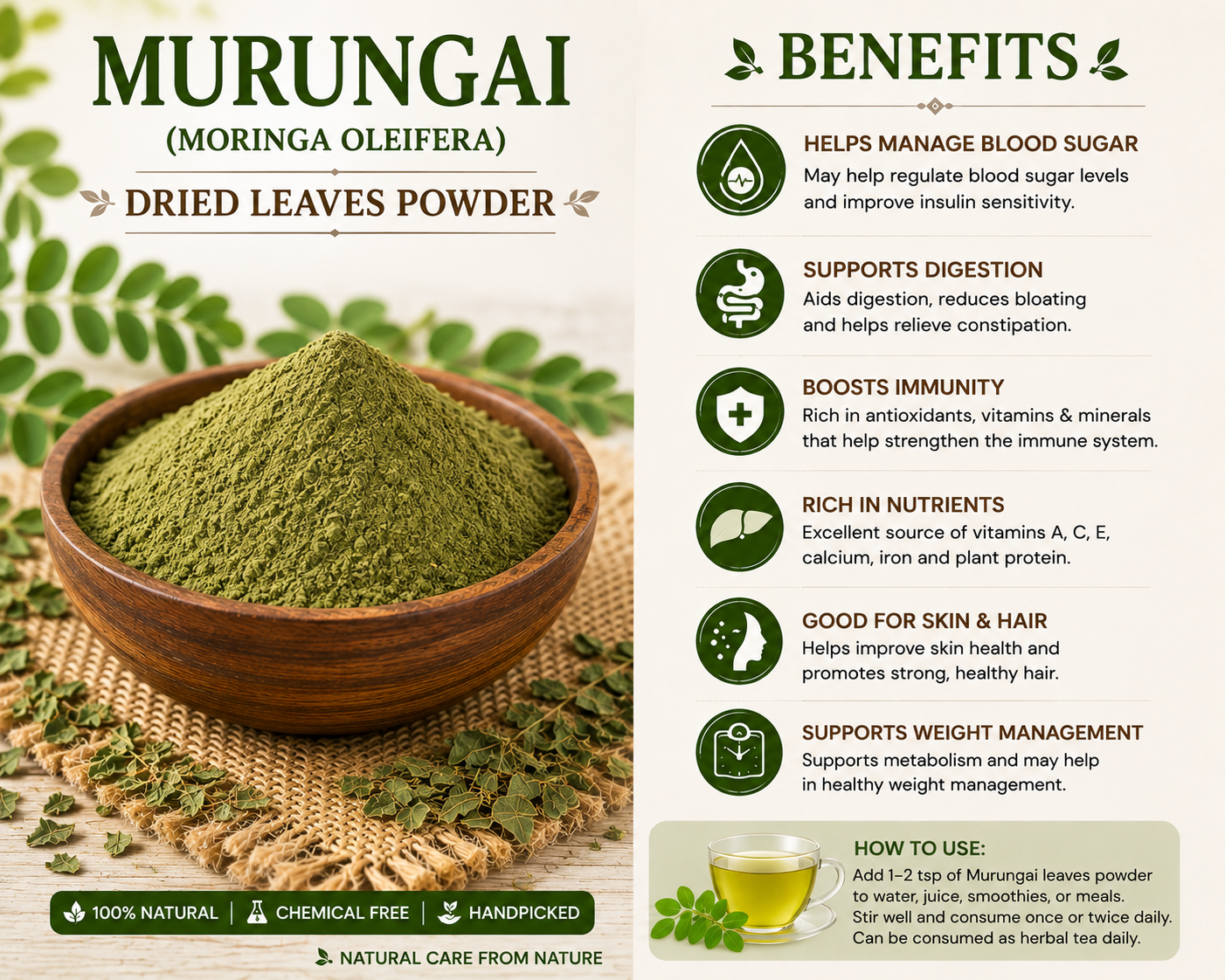 KMC Dried Murungai Leaves Powder (Moringa Leaf Powder) – 100% Natural & Sun-Dried | Nutrient-Rich | 500 gram pack 2
