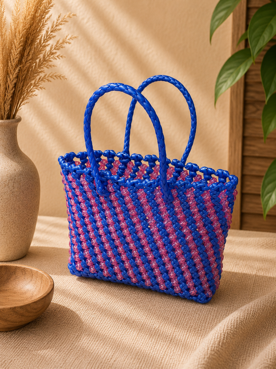 Deluxe Premium Handmade Wire Woven Bags | Traditional Plastic Wire Handbags | Reusable Shopping & Gift Bags | KMC Iyarkai Creation |Blue pink beads