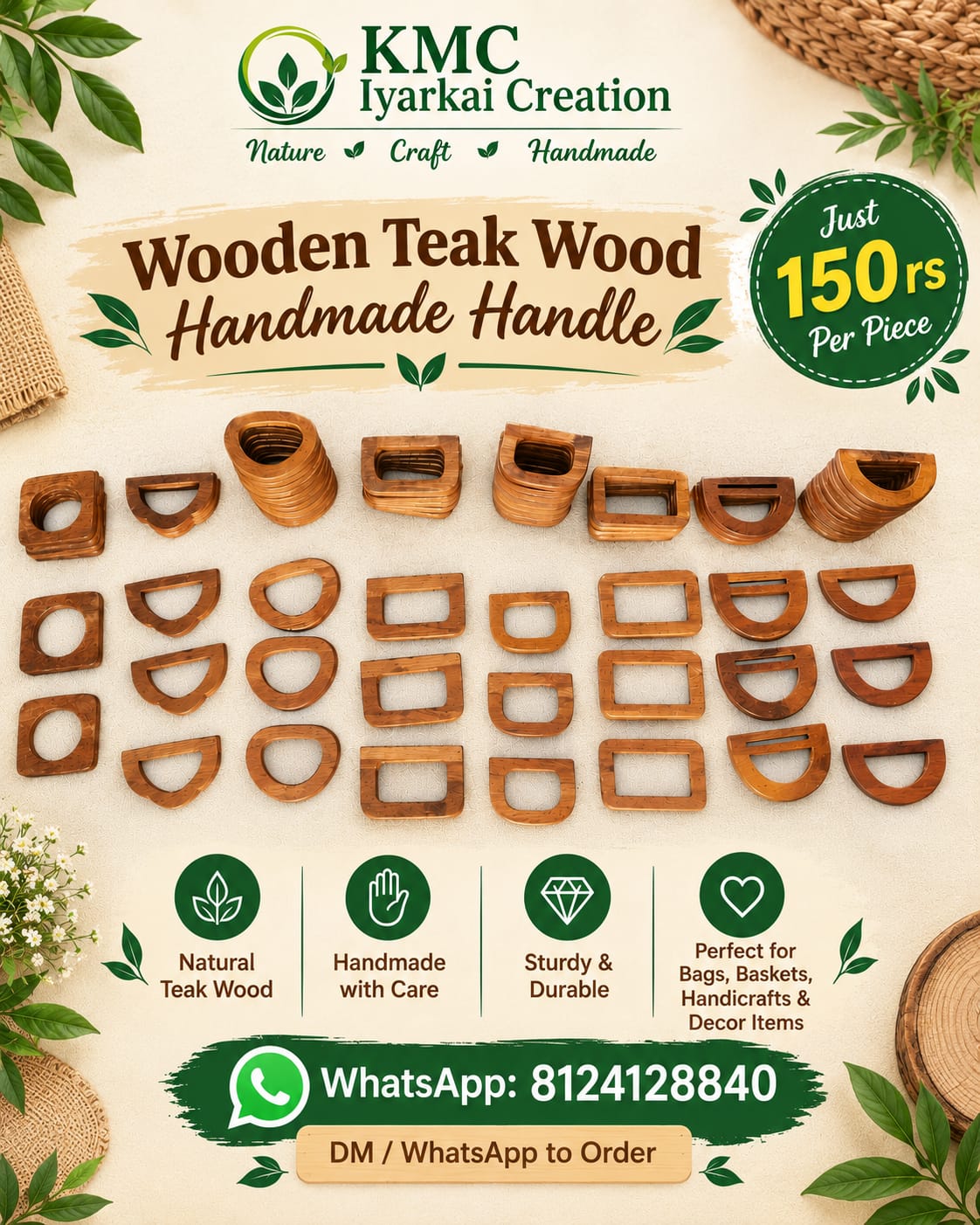 One pair Wooden handle rectangle 14 cm x 10 cm handmade premium quality for wire basket 3
