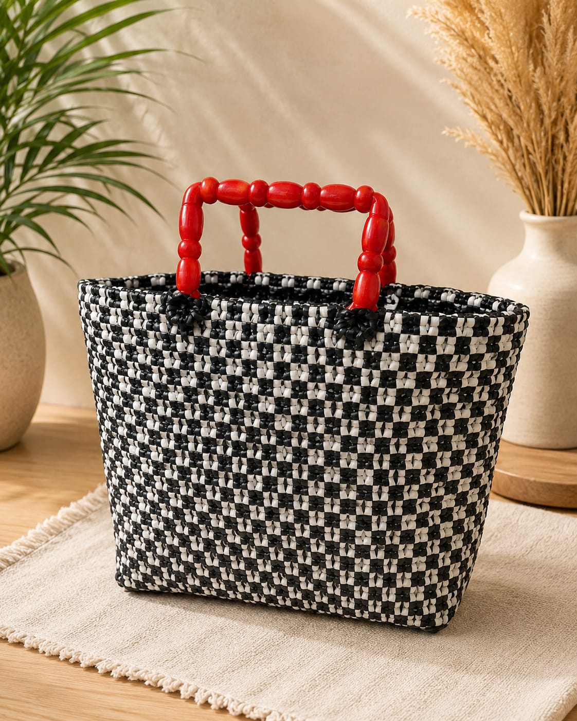 Deluxe Premium Handmade Wire Woven Bags | Traditional Plastic Wire Handbags | Reusable Shopping & Gift Bags | KMC Iyarkai Creation |Black and white_handle_sivan