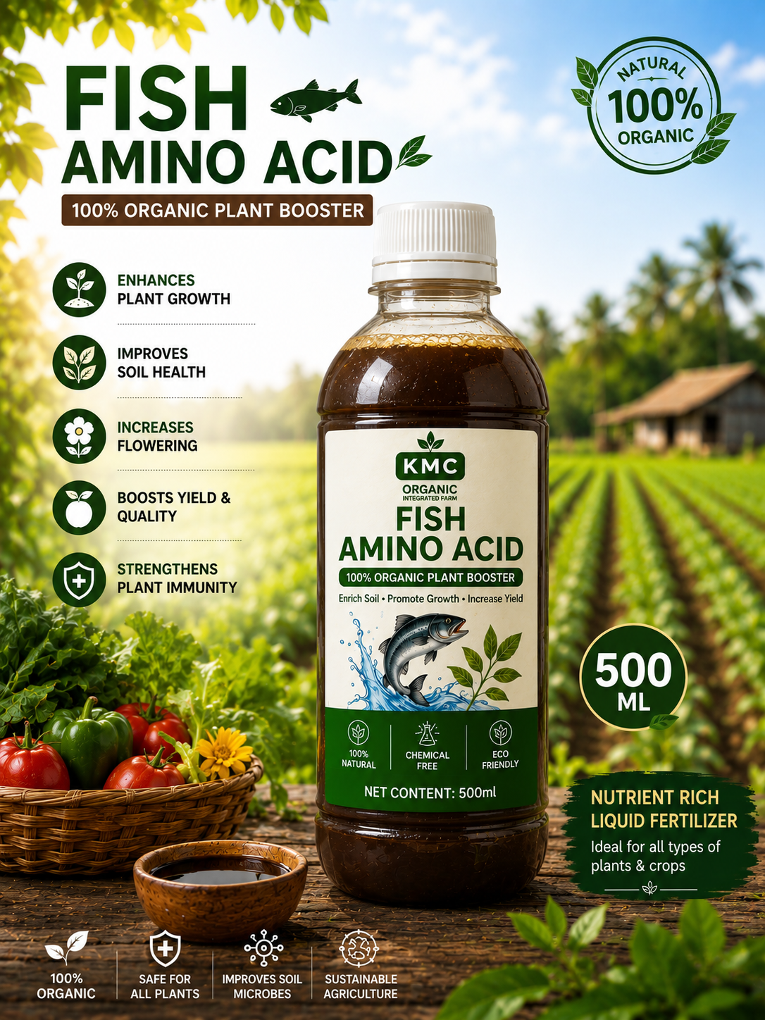 KMC Fish Amino Acid Fertilizer – 100% Organic Liquid Plant Growth Booster | Natural Nutrient-Rich Fertilizer for Plants & Crops| 500 ml