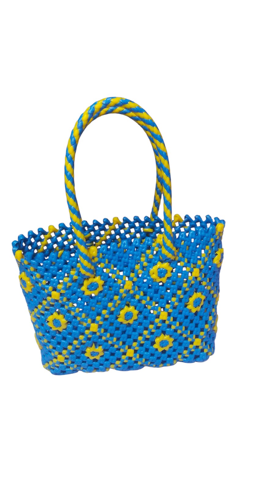 Deluxe Premium Handmade Wire Woven Bags | Traditional Plastic Wire Handbags | Reusable Shopping & Gift Bags | KMC Iyarkai Creation |SkyBlueand Yellow 2