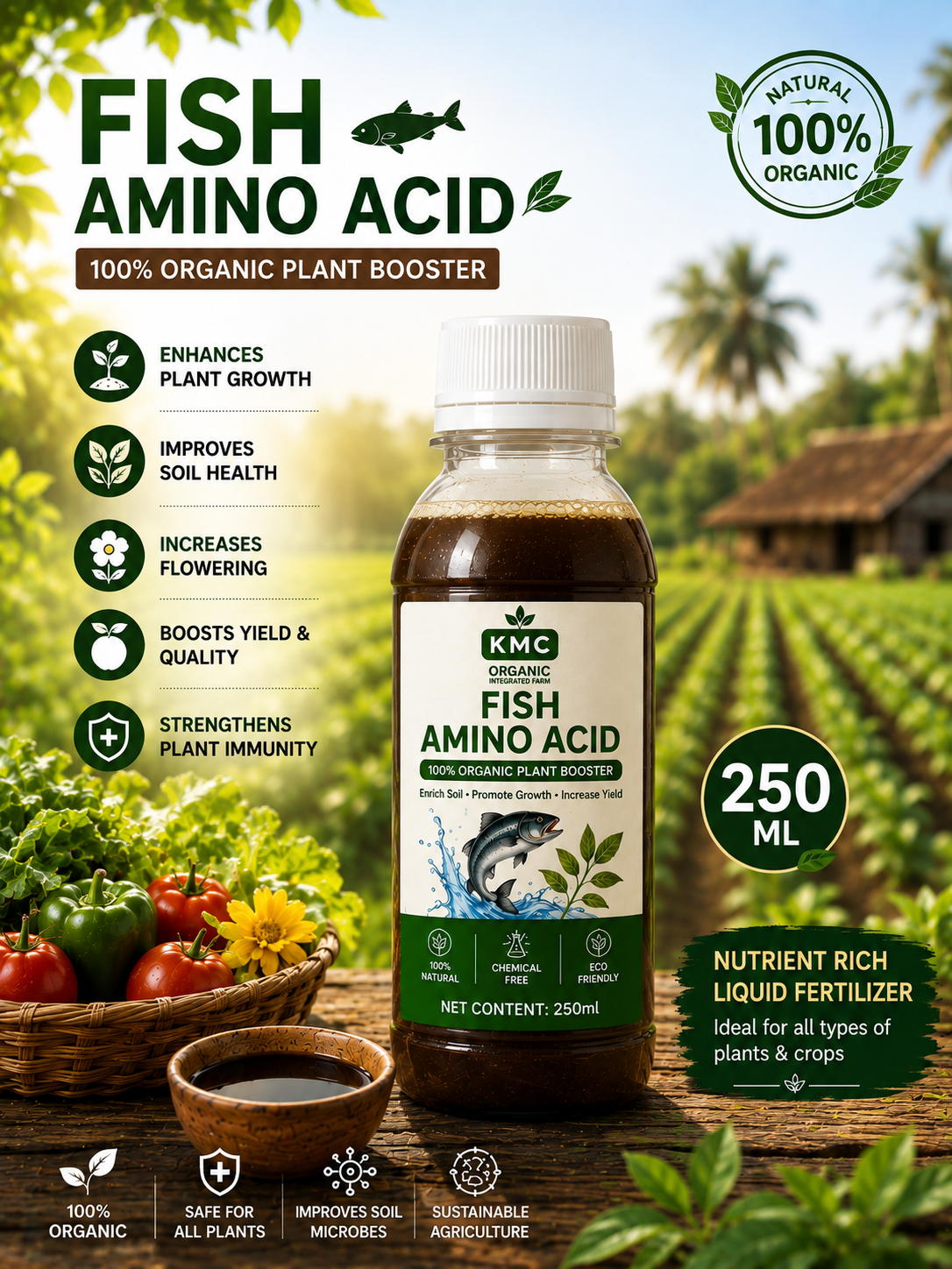 KMC Fish Amino Acid Fertilizer – 100% Organic Liquid Plant Growth Booster | Natural Nutrient-Rich Fertilizer for Plants & Crops| 250 ml