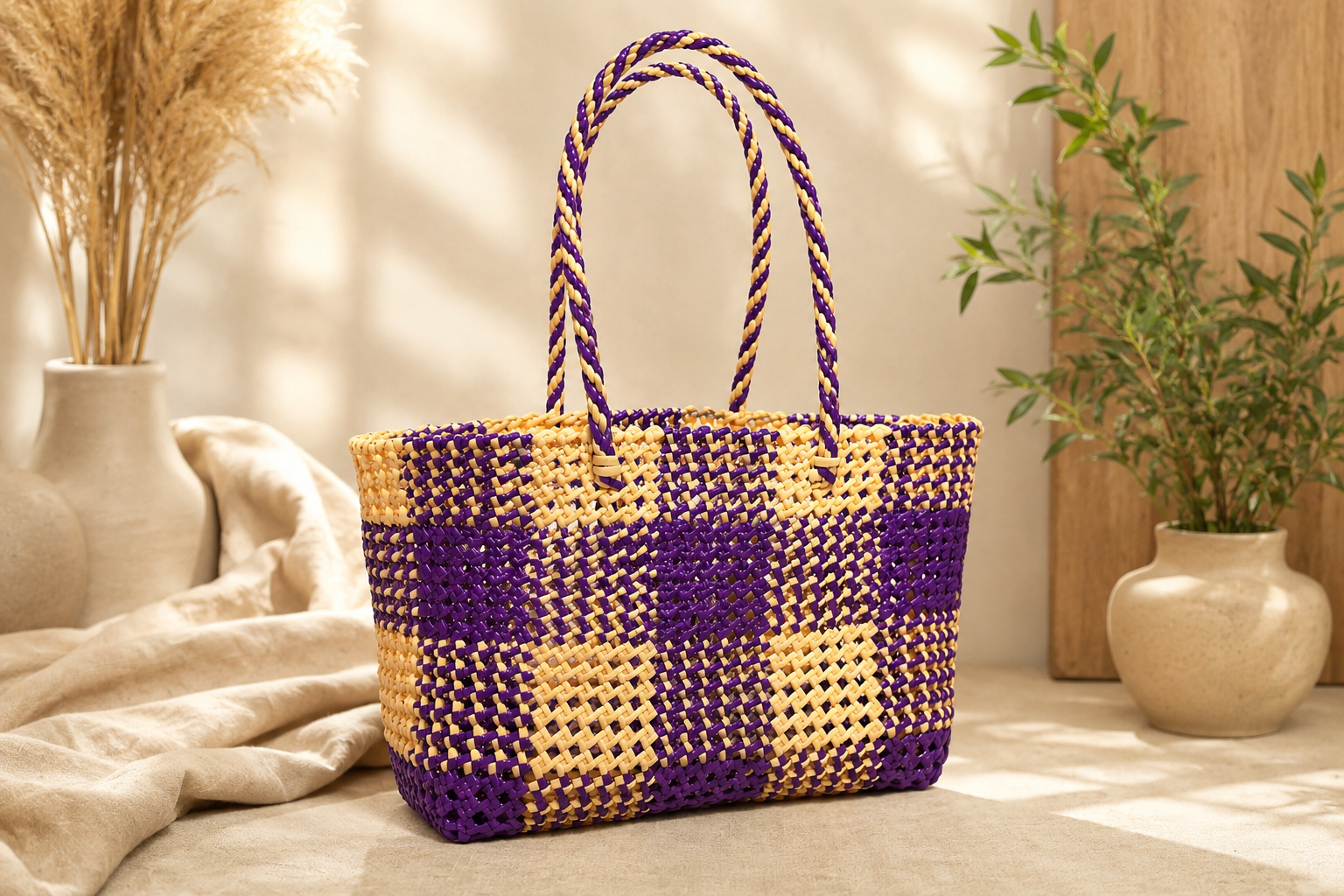Deluxe Premium Handmade Wire Woven Bags | Traditional Plastic Wire Handbags | Reusable Shopping & Gift Bags | KMC Iyarkai Creation |Sandal purple_Normal