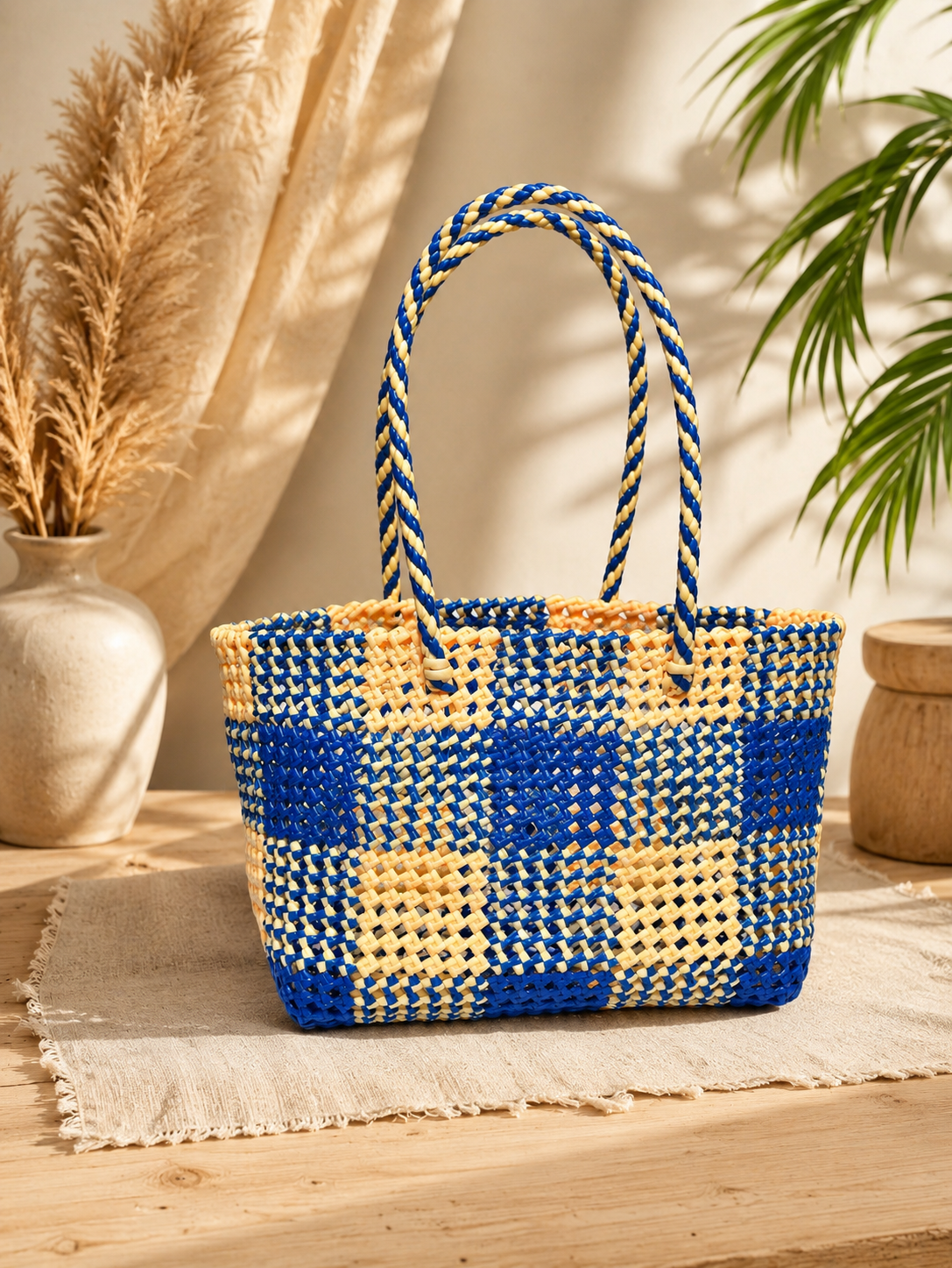 Deluxe Premium Handmade Wire Woven Bags | Traditional Plastic Wire Handbags | Reusable Shopping & Gift Bags | KMC Iyarkai Creation |Sandal Blue_Normal