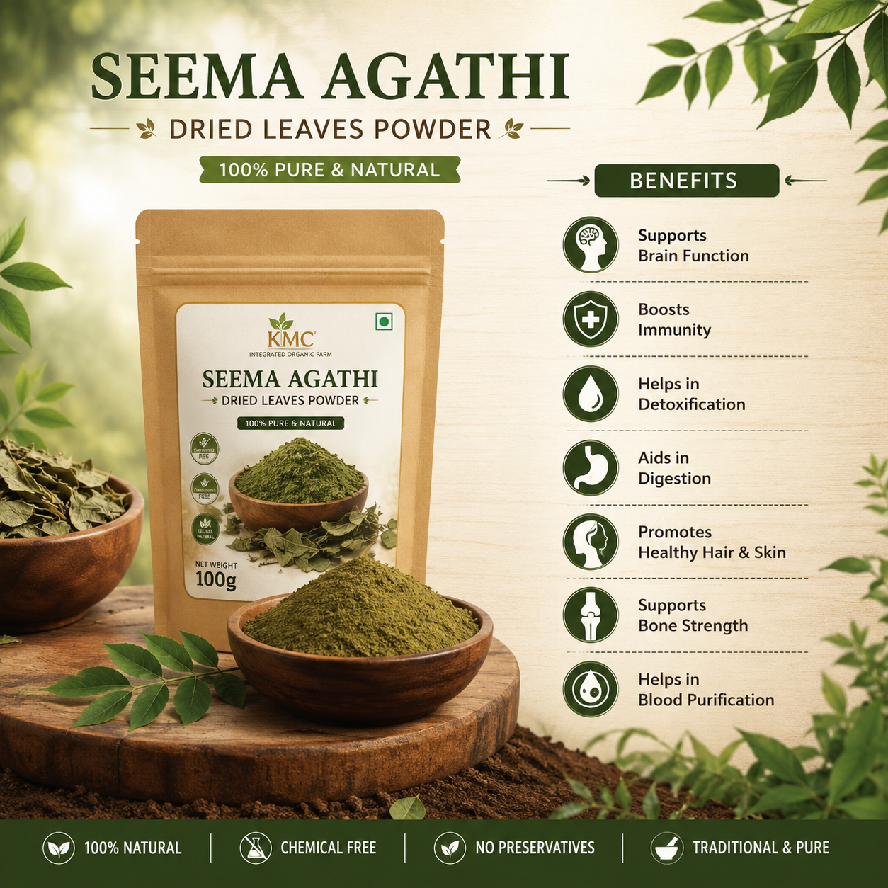 KMC Seemai Agathi Leaves – Dried Sesbania Grandiflora Leaves powder 1 kg | Pure Natural & Chemical-Free 2