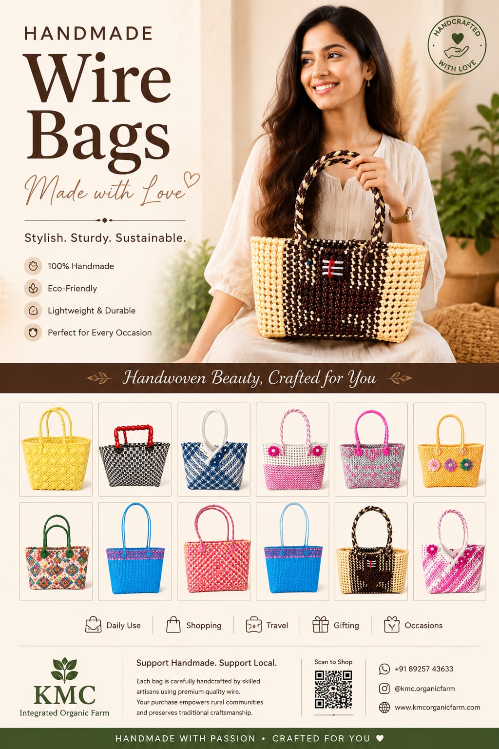 Deluxe Premium Handmade Wire Woven Bags | Traditional Plastic Wire Handbags | Reusable Shopping & Gift Bags | KMC Iyarkai Creation |Purple and Yellow 4
