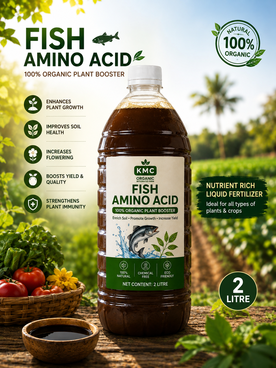 KMC Fish Amino Acid 2 litre Fertilizer – 100% Organic Liquid Plant Growth Booster | Natural Nutrient-Rich Fertilizer for Plants & Crops| 2 litre
