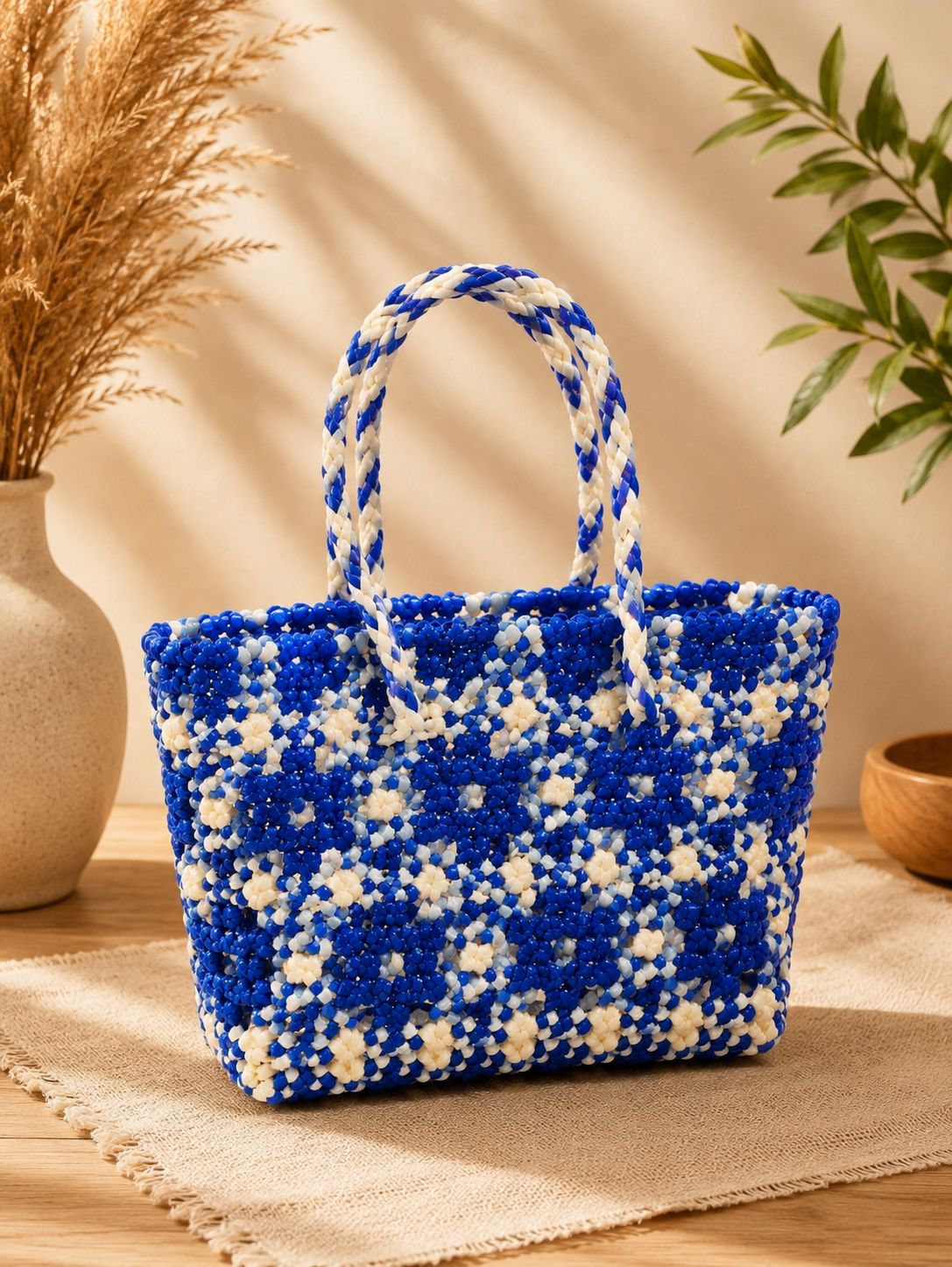 Deluxe Premium Handmade Wire Woven Bags | Traditional Plastic Wire Handbags | Reusable Shopping & Gift Bags | KMC Iyarkai Creation |Blue sandal star_Normal