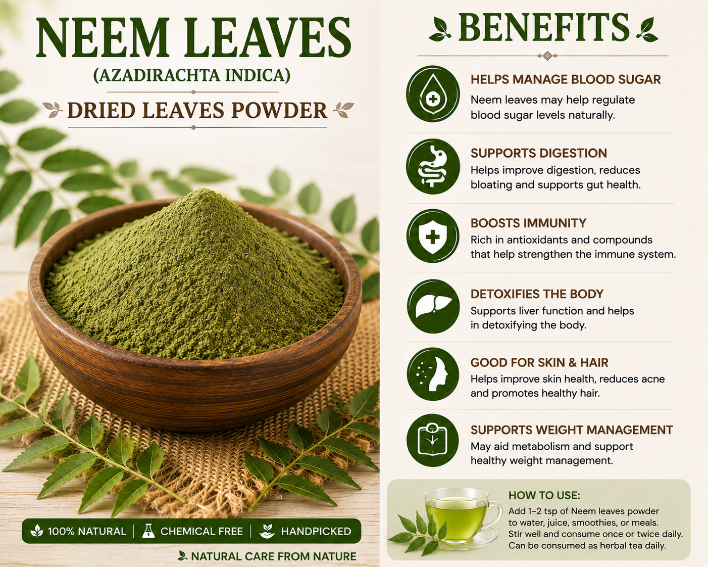 KMC Neem Leaf Powder (Azadirachta indica) 1 Kg | 100% Natural Sun-Dried Neem Leaves | Pure Neem Powder | Herbal & Traditional Uses 2
