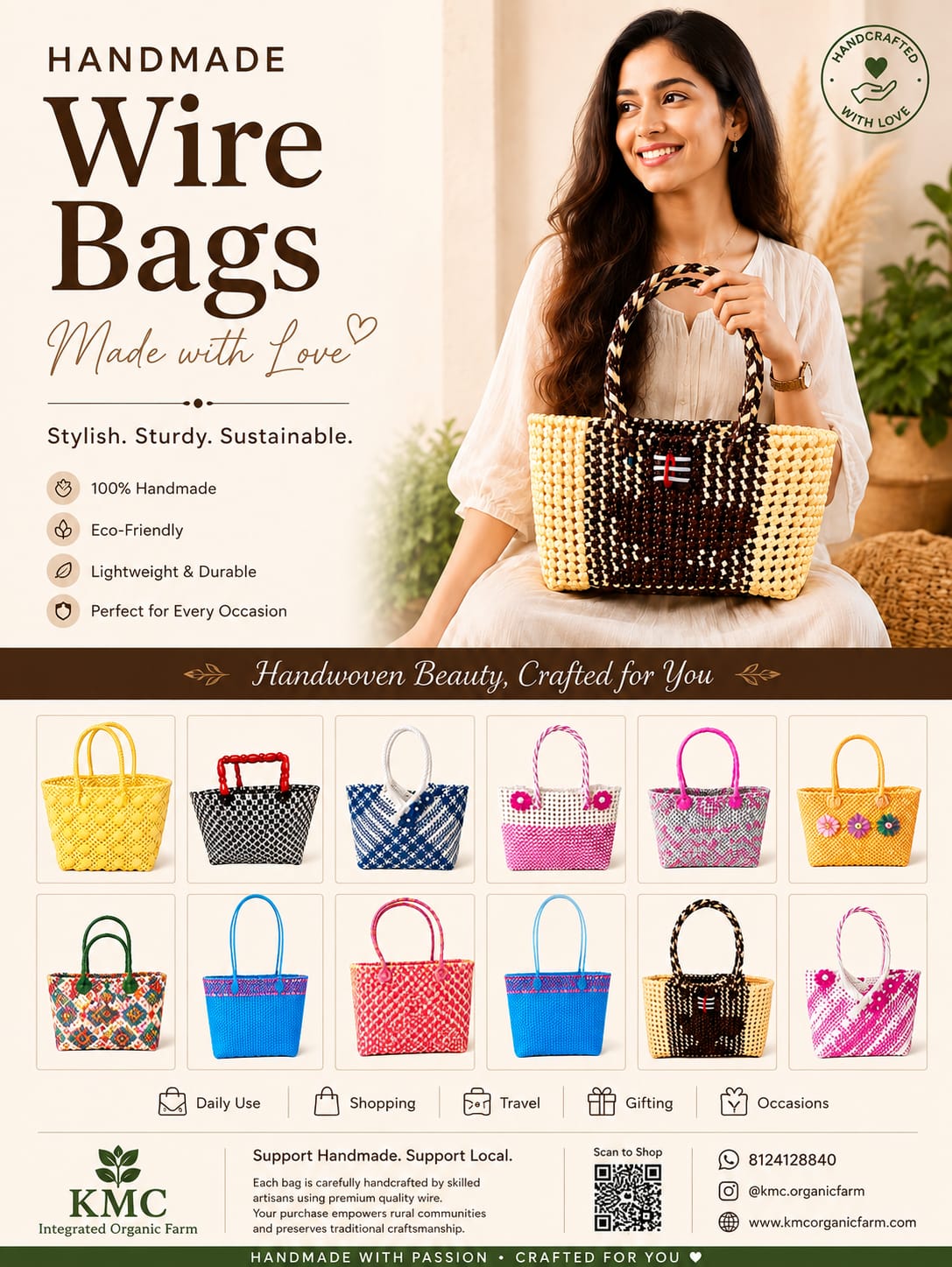Deluxe Premium Handmade Wire Woven Bags | Traditional Plastic Wire Handbags | Reusable Shopping & Gift Bags | KMC Iyarkai Creation |Pink grey  vshape 4