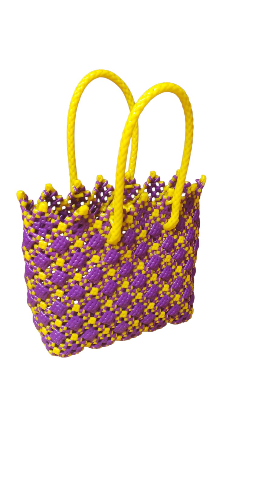 Deluxe Premium Handmade Wire Woven Bags | Traditional Plastic Wire Handbags | Reusable Shopping & Gift Bags | KMC Iyarkai Creation |Purple and Yellow 3