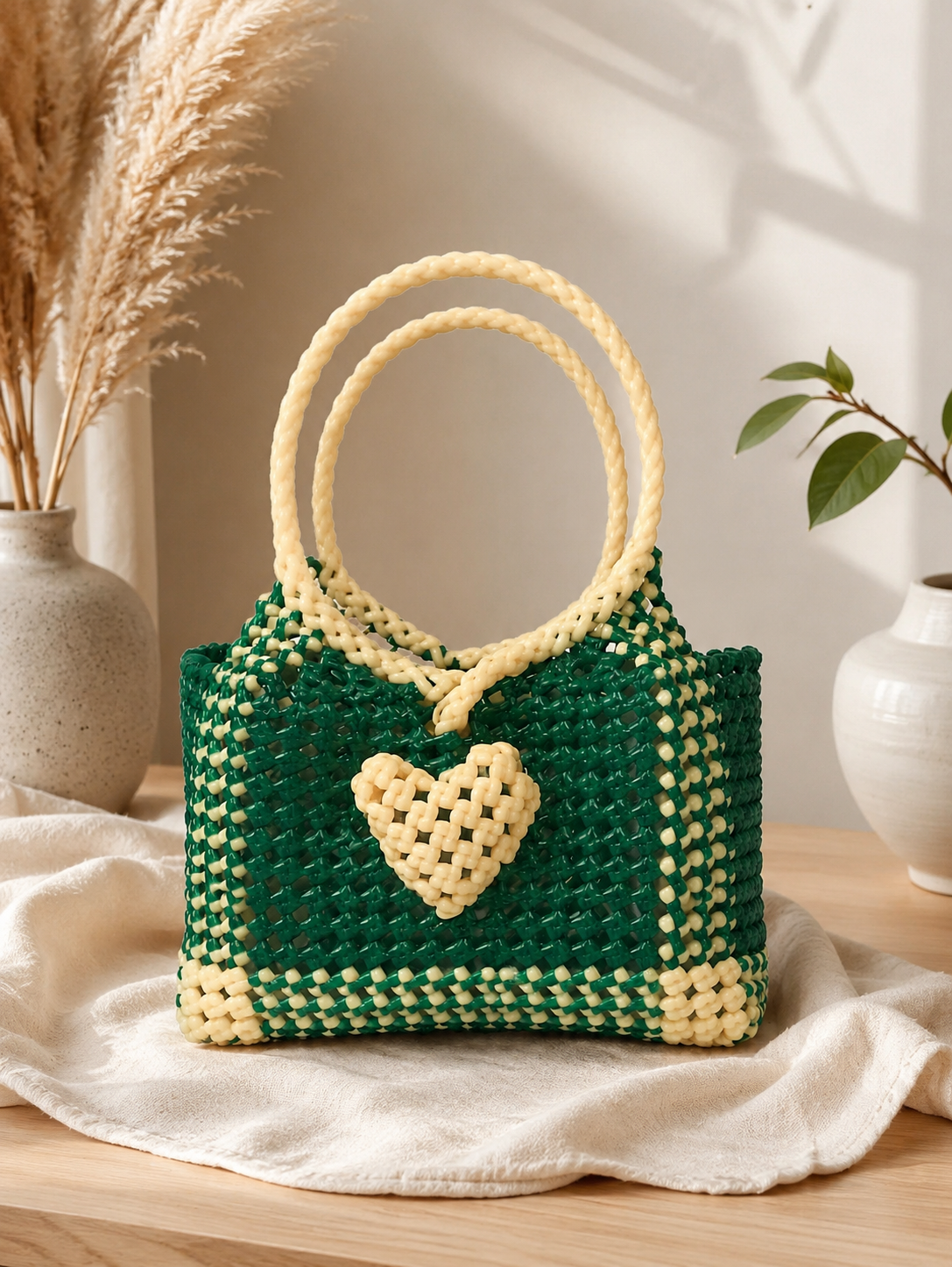 Deluxe Premium Handmade Wire Woven Bags | Traditional Plastic Wire Handbags | Reusable Shopping & Gift Bags | KMC Iyarkai Creation |Sandal green heart bag