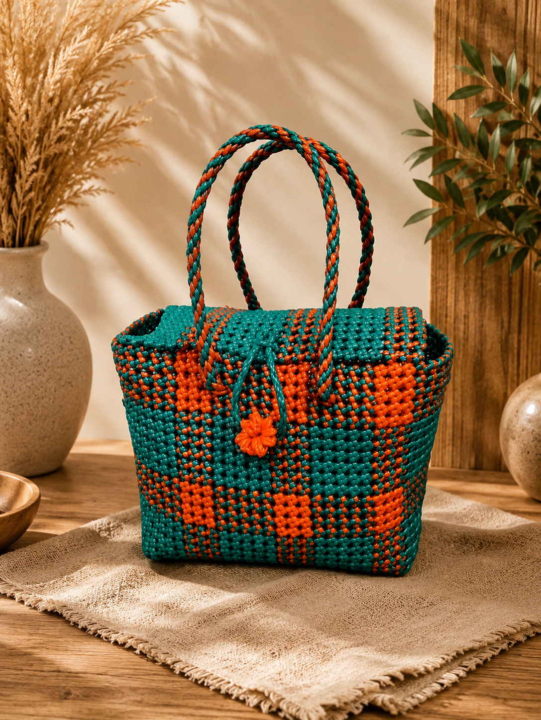 Deluxe Premium Handmade Wire Woven Bags | Traditional Plastic Wire Handbags | Reusable Shopping & Gift Bags | KMC Iyarkai Creation |Light Green orange_lid