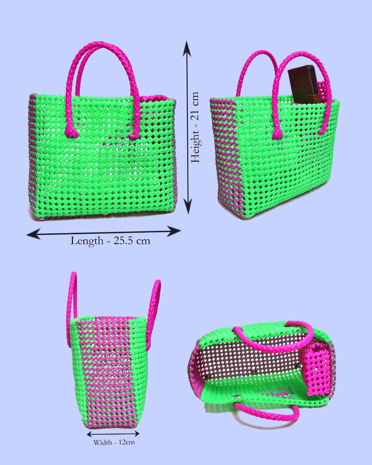 Deluxe Premium Handmade Wire Woven Bags | Traditional Plastic Wire Handbags | Reusable Shopping & Gift Bags | KMC Iyarkai Creation |Green pink pouch model 3