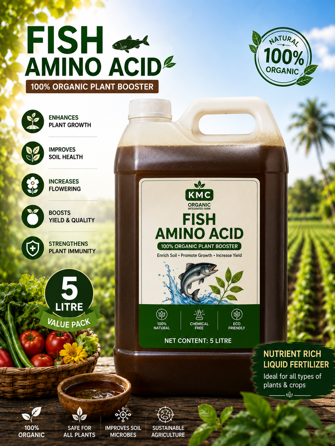 KMC Fish Amino Acid 5 litre Fertilizer – 100% Organic Liquid Plant Growth Booster | Natural Nutrient-Rich Fertilizer for Plants & Crops | 5 litre